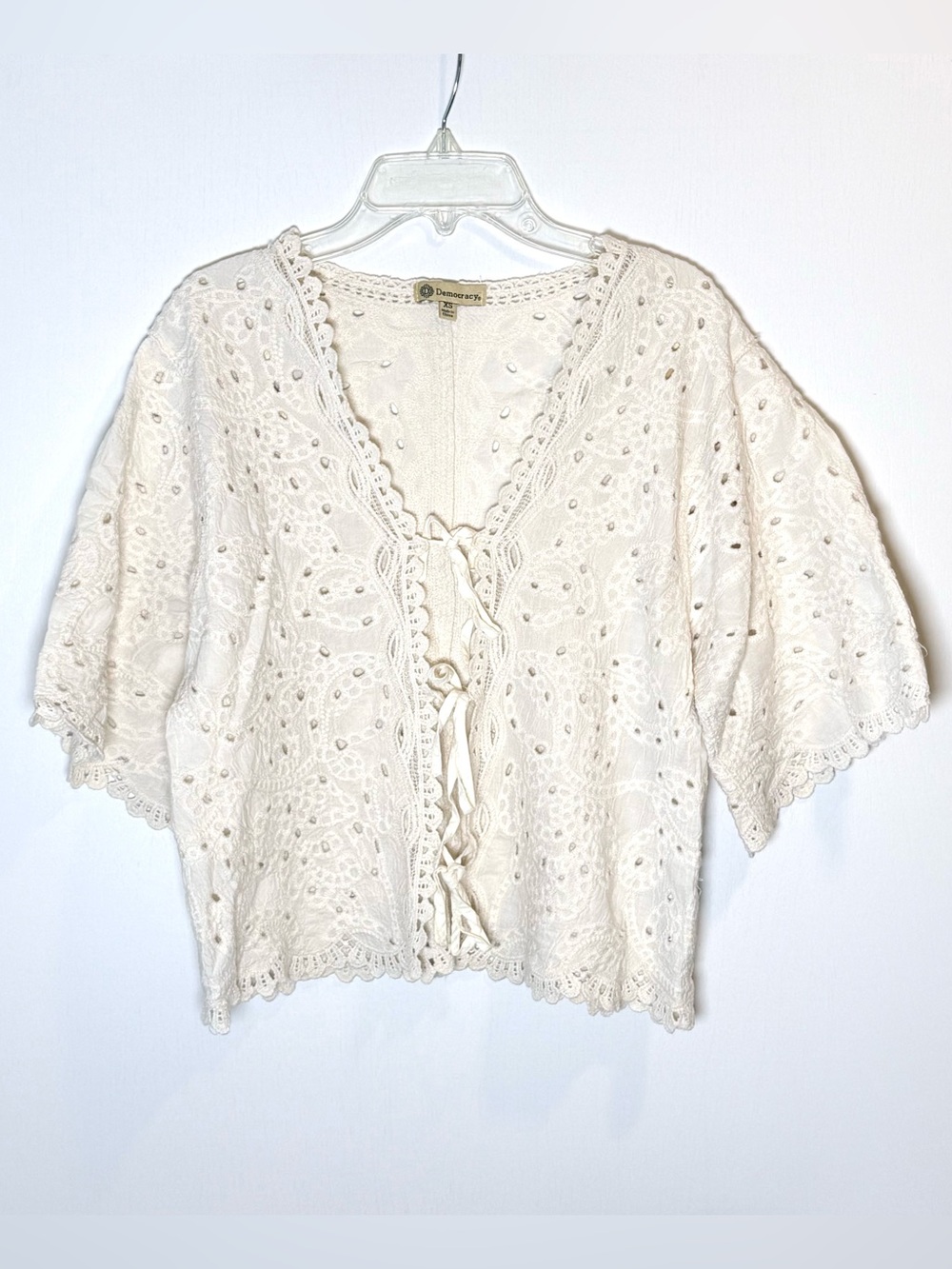 Democracy Boho Ivory Crochet Tie-Front Cardigan. XS